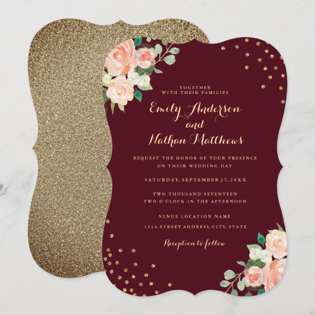 Burgundy Peach Gold Floral Confetti Wedding Einladung (Vorne/Hinten)