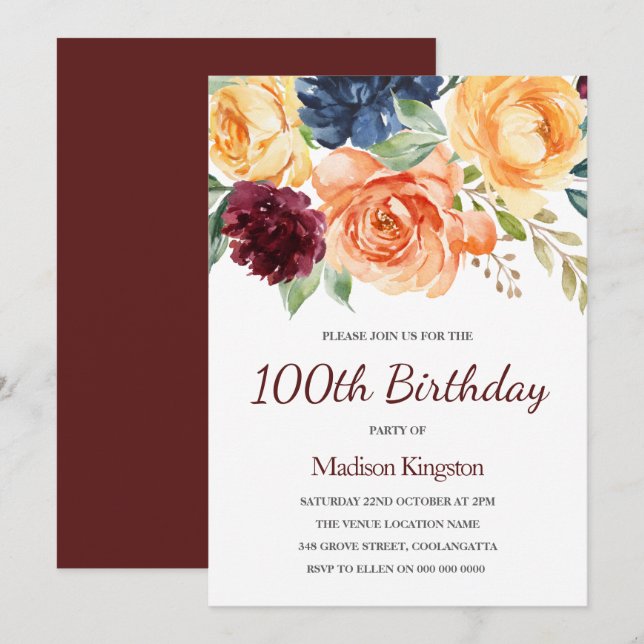 Burgundy Peach Navy Floral 100. Geburtstag Einladung (Vorne/Hinten)