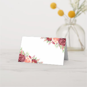 Burgundy Peach Rose Wasserfarben Blumenzehen Platzkarte