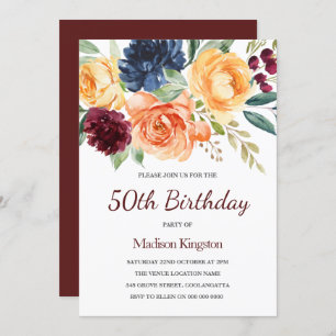 Burgundy & Peach Wassercolor Floral 50. Geburtstag Einladung