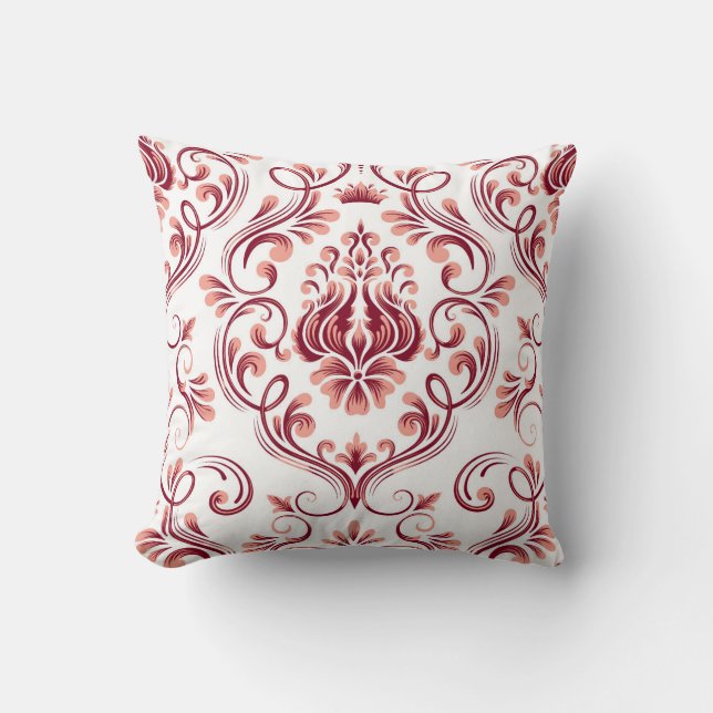 Burgundy Peach White Damask Blumenmuster Elegant Kissen (Vorderseite)