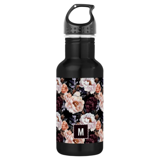 Burgundy Peonies Floral Pattern | Monogramm Edelstahlflasche (Vorderseite)