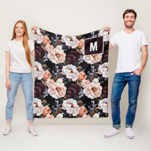 Burgundy Peonies Floral Pattern Monogramm Fleecedecke
