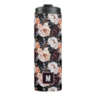 Burgundy Peonies Floral Pattern Monogramm Thermosbecher