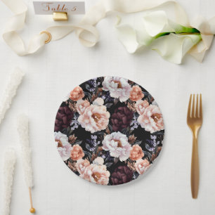 Burgundy Peonies Floral Pattern Pappteller