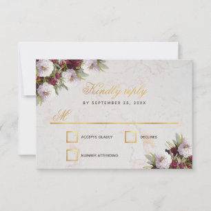 Burgundy Peonies Imitats Gold Marmor Hochzeit RSVP Karte