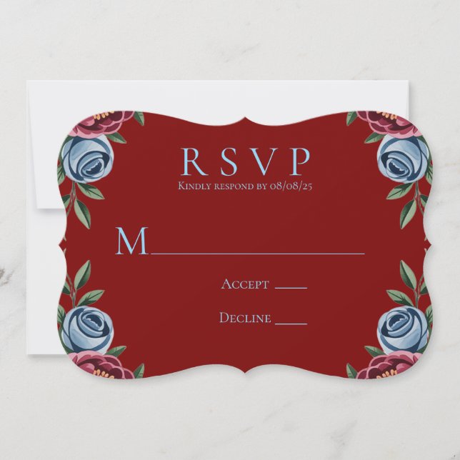 Burgundy Peony and Blue Rose Wedding RSVP Card Einladung (Vorderseite)