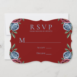 Burgundy Peony and Blue Rose Wedding RSVP Card Einladung