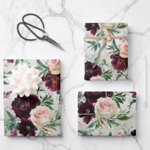 Burgundy Peony Blush Pink Mondial Rose Geschenkpapier Set