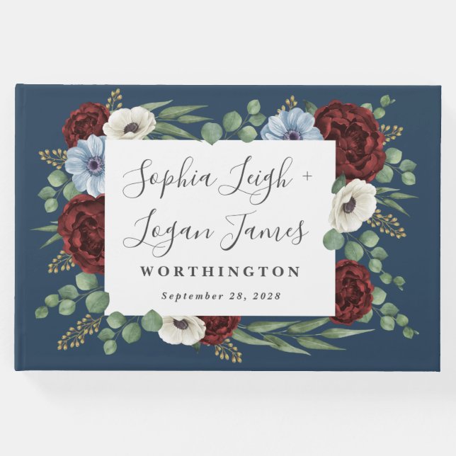 Burgundy Peony Dusty Blue Anemone Blumenhochzeit Gästebuch (Vorderseite)