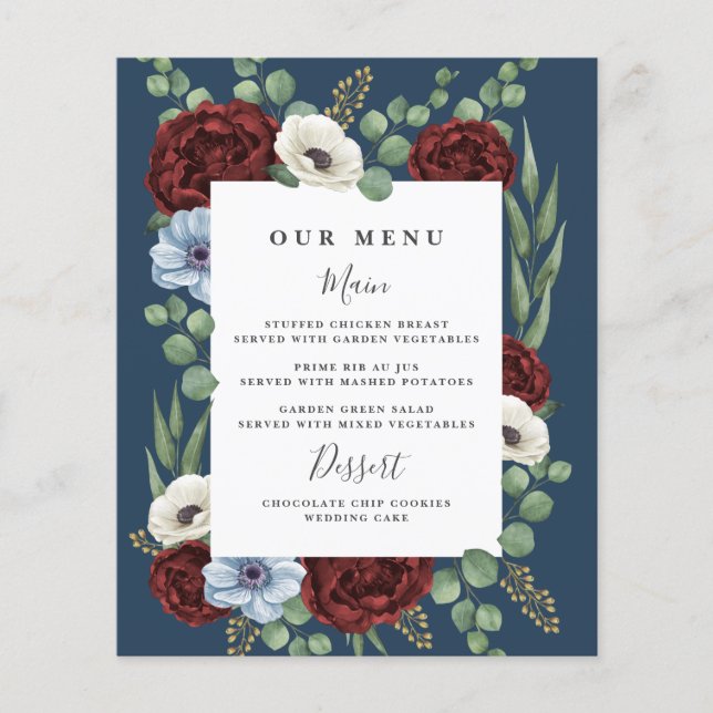 Burgundy Peony Dusty Blue Navy Wedding Menu Cards (Vorderseite)