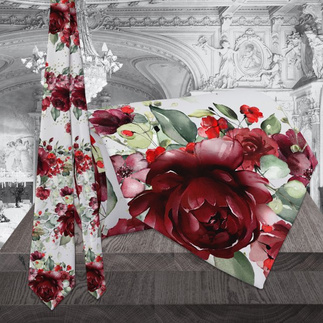 Burgundy Peony Silver Greenery Light Gray Wedding Krawatte (Von Creator hochgeladen)