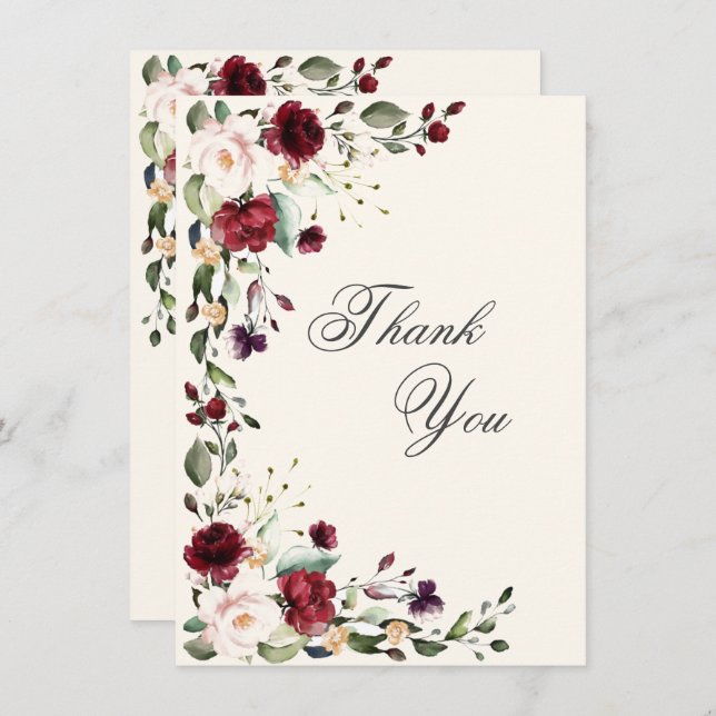 Burgundy Pink Aquarell Floral Dankeskarte (Vorne/Hinten)