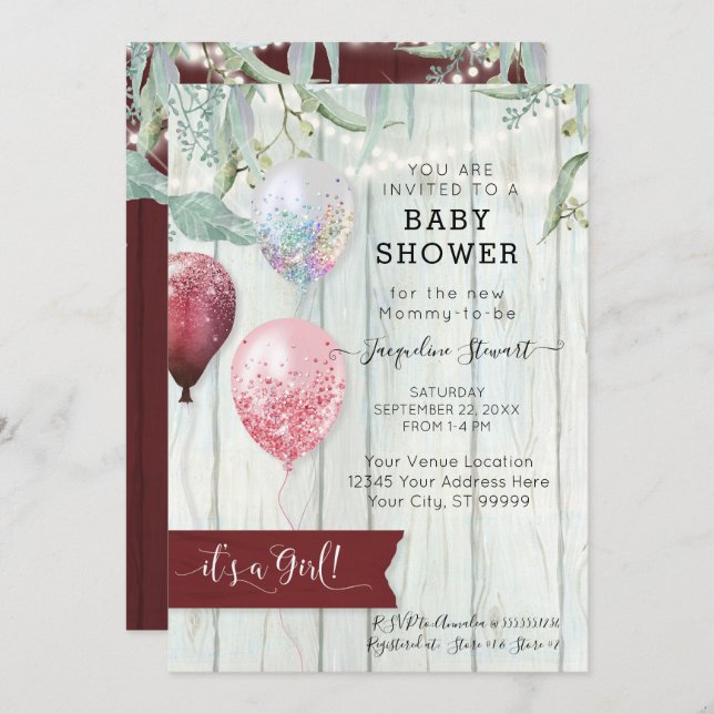 Burgundy Pink Balloon Rustic Wood Girl Babydusche Einladung (Vorne/Hinten)
