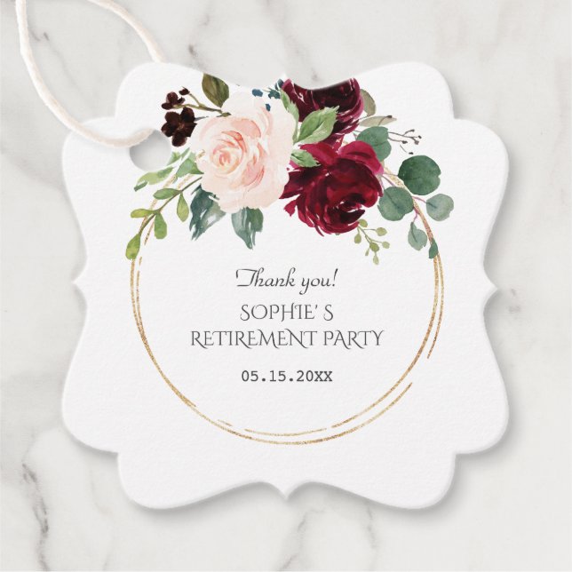 Burgundy Pink Blue Flowers Gold Retirement Party Geschenkanhänger (Vorderseite)