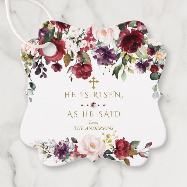 Burgundy Pink Blume Er ist Gold Osterplatz Risen Geschenkanhänger (Vorderseite)