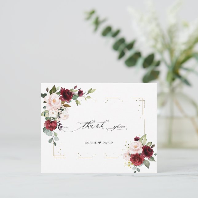 Burgundy Pink Blume Gold Glitzer Frame Wedding Dankeskarte (Stehend Vorderseite)