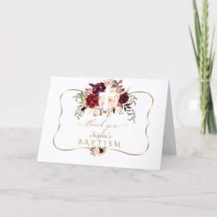 Burgundy Pink Blume Gold Weißes Kreuz Taufen Dankeskarte