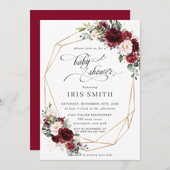 Burgundy Pink Blush Bloral Baby Shower Geometrie Einladung (Vorne/Hinten)