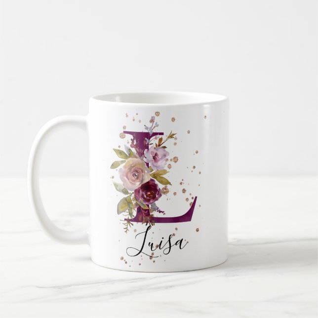 Burgundy Pink Blush Floral Letter L Monogram Kaffeetasse (Links)