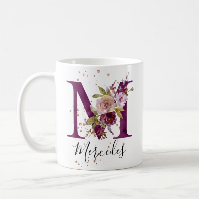 Burgundy Pink Blush Floral Letter M Monogram Kaffeetasse (Links)