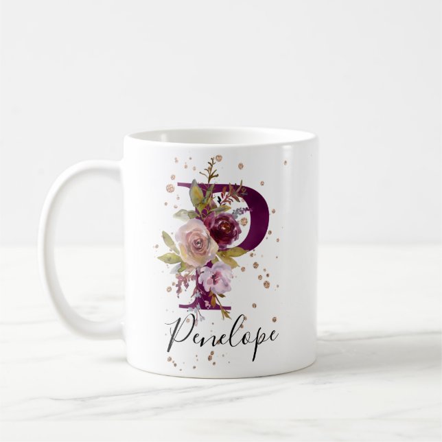 Burgundy Pink Blush Floral Letter P Monogram Kaffeetasse (Links)