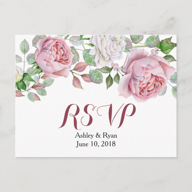 Burgundy Pink Chic Rose Floral Wedding RSVP Einladungspostkarte (Vorderseite)