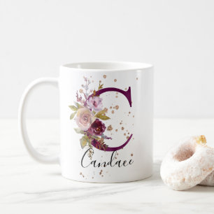 Burgundy Pink Cream Floral Letter C Monogram Kaffeetasse