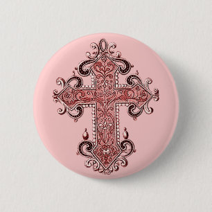 Burgundy Pink Cross Vintag Art Round Button! Button