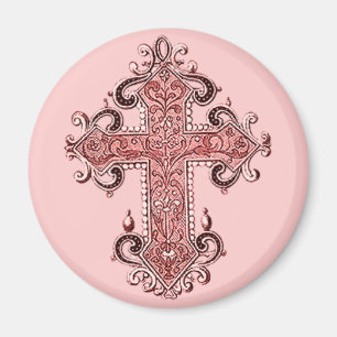 Burgundy Pink Cross Vintag Art Round Magnet! Magnet