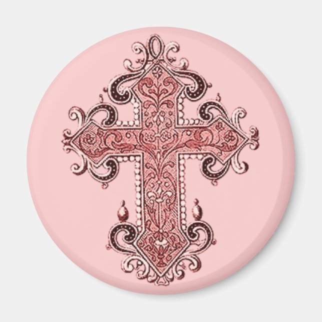 Burgundy Pink Cross Vintag Art Round Magnet! Magnet (Vorne)