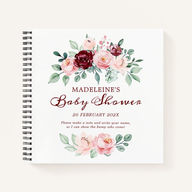 Burgundy Pink Elegant Baby Showbook Notizbuch (Vorderseite)
