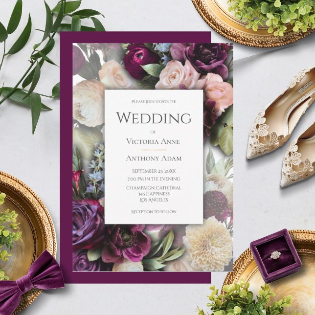 Burgundy Pink Elegante Blumenhochzeit Einladung (Von Creator hochgeladen)