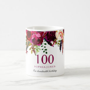Burgundy Pink Floral 100. Geburtstagsgeschenk Kaffeetasse