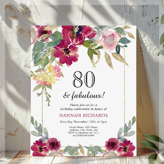 Burgundy Pink Floral 80. Geburtstag Einladung