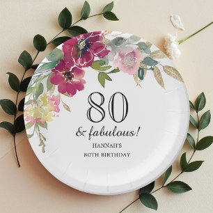 Burgundy Pink Floral 80. Geburtstag Pappteller