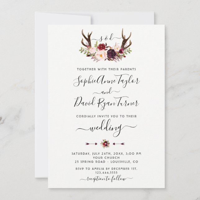 Burgundy Pink Floral Antlers Calligrafy Wedding Einladung (Vorderseite)