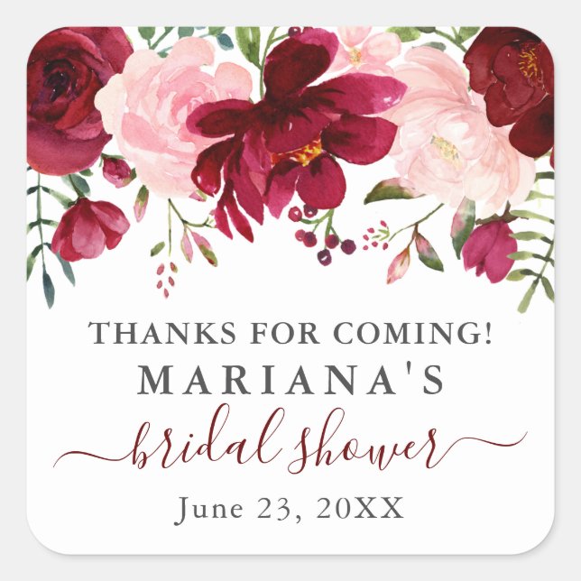 Burgundy Pink Floral Brautparty Favoriten Quadratischer Aufkleber (Vorderseite)