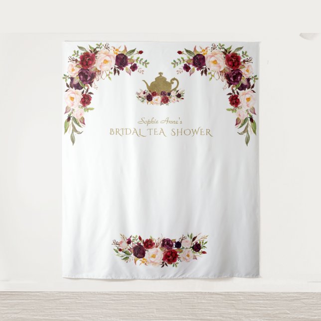 Burgundy Pink Floral Brautparty Tee Foto Stand Wandteppich (Vorderseite)