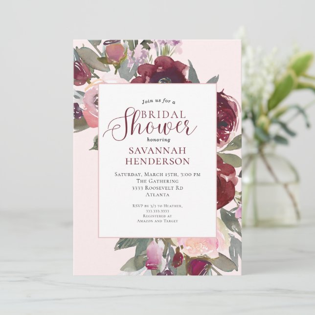 Burgundy Pink Floral Bridal Shower Einladung (Stehend Vorderseite)