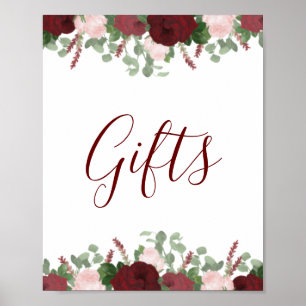 Burgundy Pink Floral Bridal Shower Gifts Sign Poster