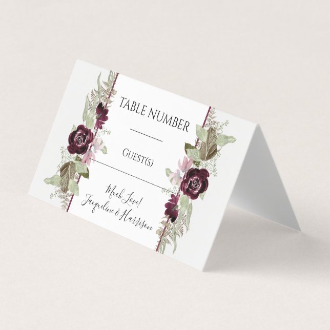 Burgundy Pink Floral Elegante Foliage Placecards Visitenkarten (Vorderseite)