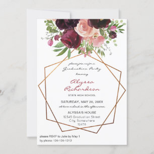 Burgundy & Pink Floral & Frame Grad Party Foto v2 Einladung