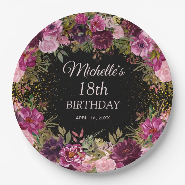 Burgundy Pink Floral Glitzer Black 18. Geburtstag Pappteller (Vorderseite)