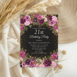 Burgundy Pink Floral Glitzer Black 21. Geburtstag Einladung