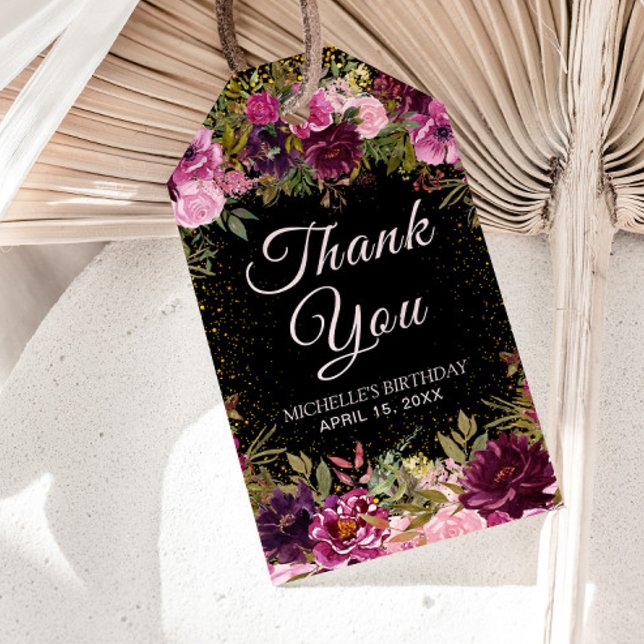 Burgundy Pink Floral Glitzer Black Birthday Geschenkanhänger (Elegant burgundy and pink floral on black birthday party "thank you" gift tag. )