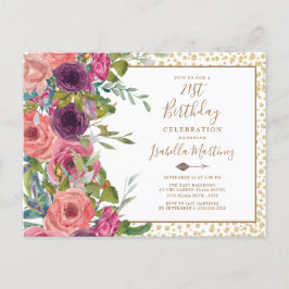 Burgundy Pink Floral Gold Glitzer 21. Geburtstag Einladungspostkarte