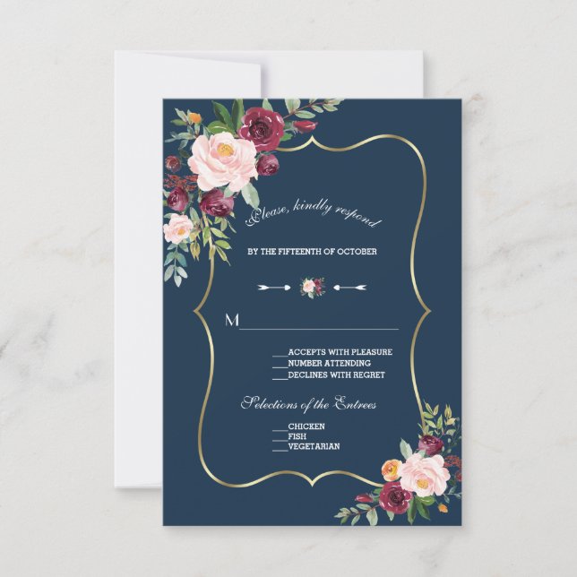 Burgundy Pink Floral Gold Navy Blue Wedding RSVP Karte (Vorderseite)