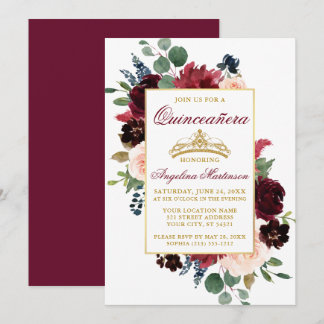 Burgundy Pink Floral Gold Quinceanera Einladung