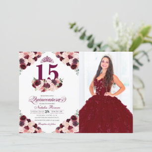 Burgundy Pink Floral Quinceanera Birthday Foto Einladung